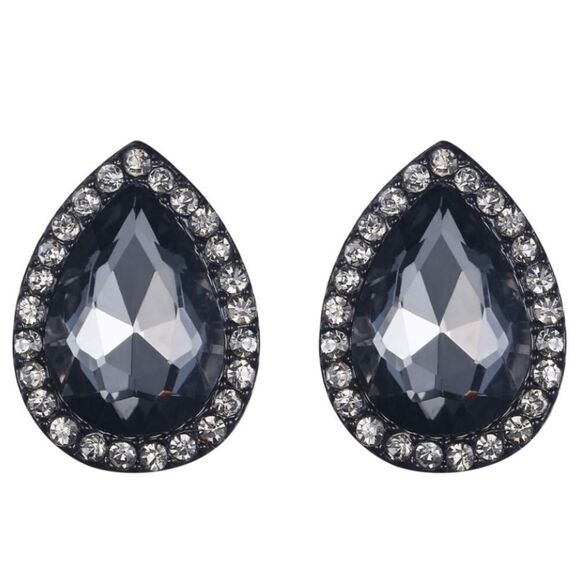 Carbon Black with Gray and Diamond Austrian Crystal Teardrop Stud Post Earrings - Picture 1 of 5